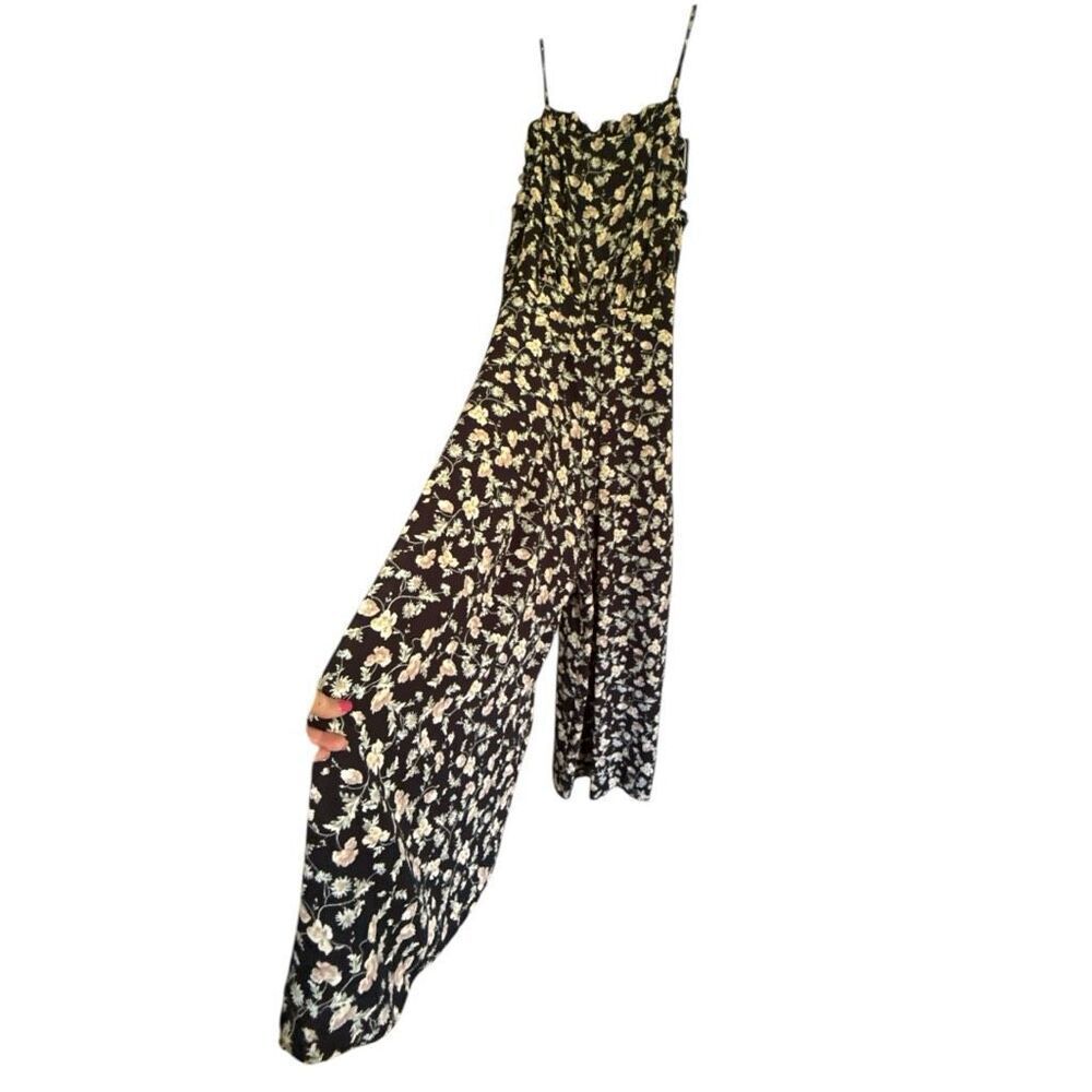 CeCe Black and Floral Pattern Wide Leg Pantsuit with Spaghetti Straps 14 - Picture 3 of 11